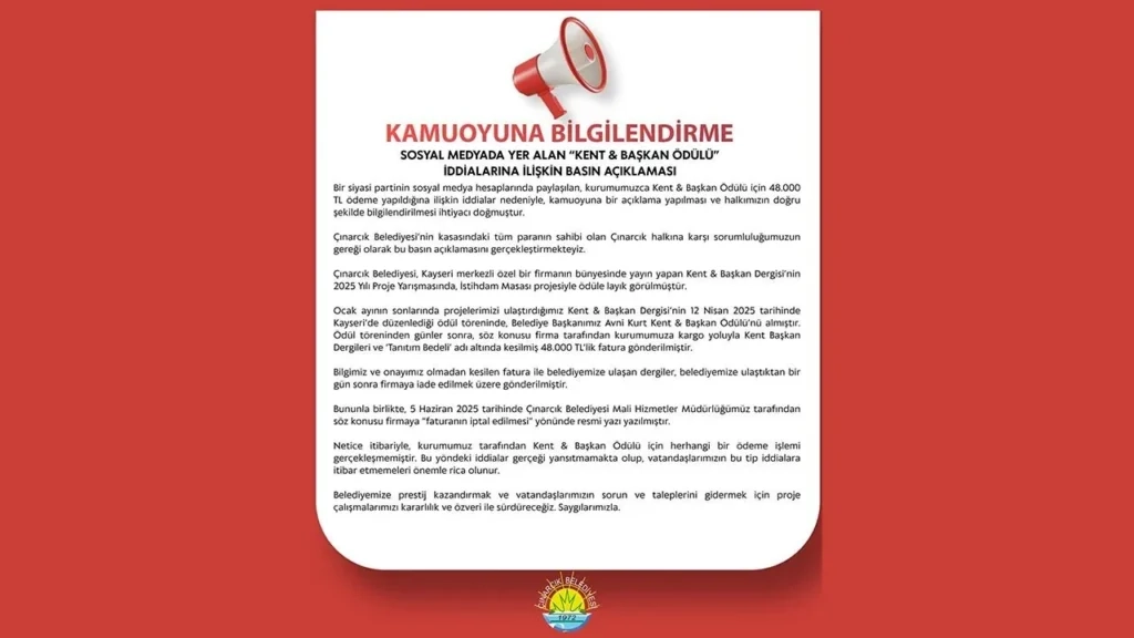 Çınarcık Belediyesi Açıklama